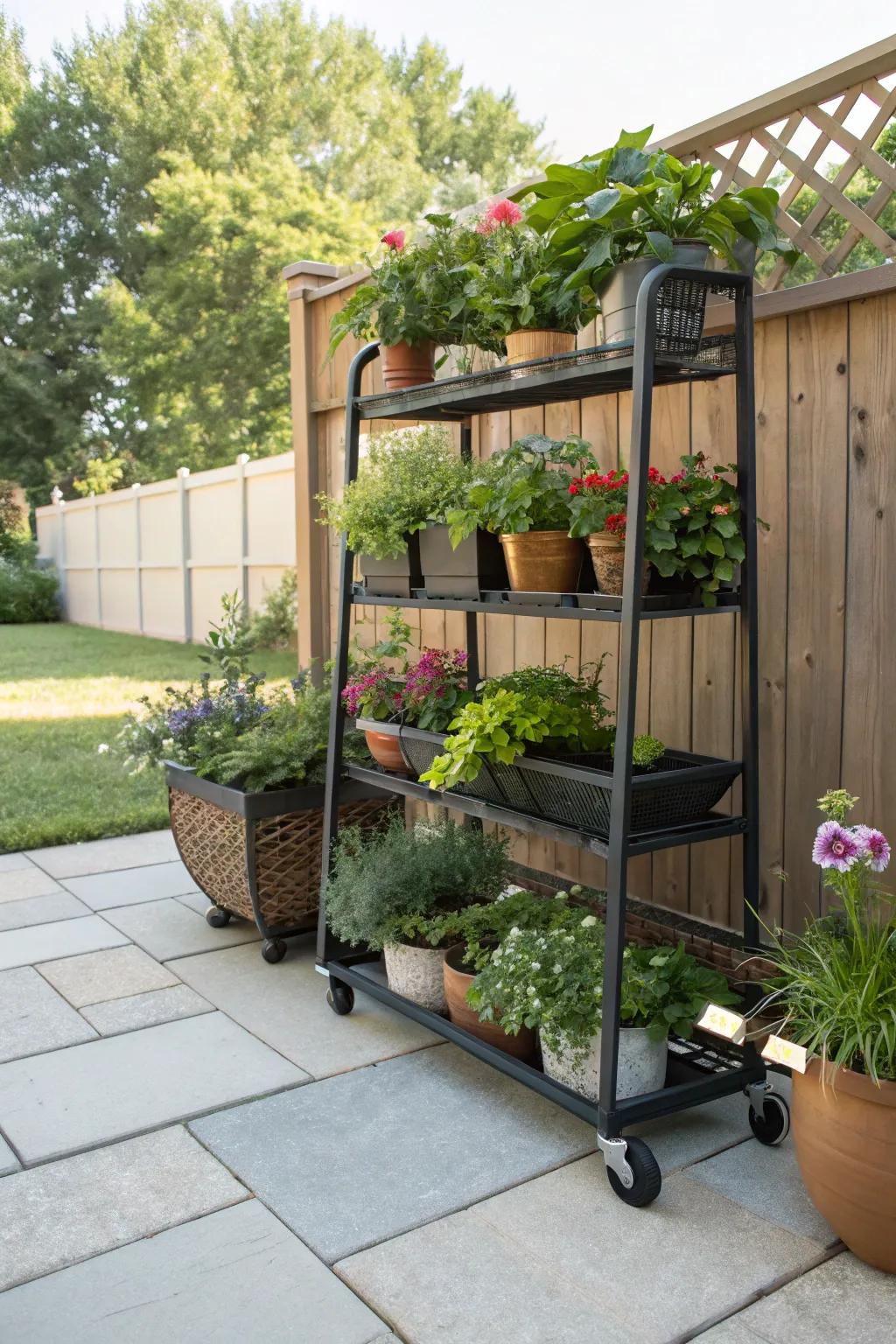 Enjoy flexibility with tiered rolling plant shelves.