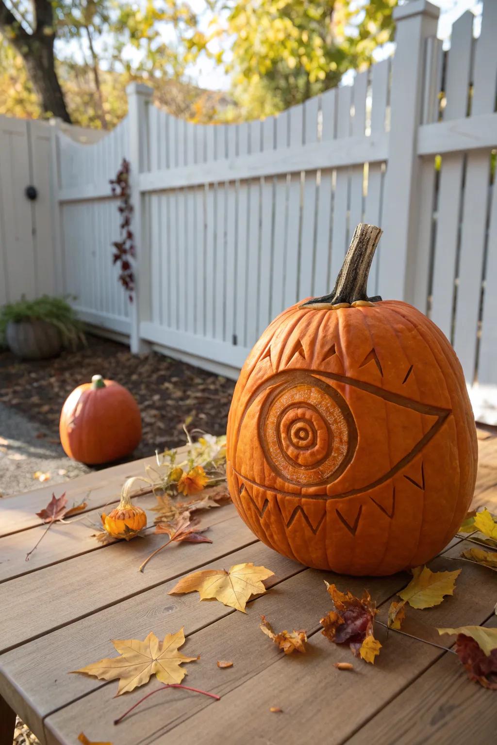 Embrace quirky elegance with this hypnotized cyclops pumpkin carving, perfect for an autumnal outdoor setting.