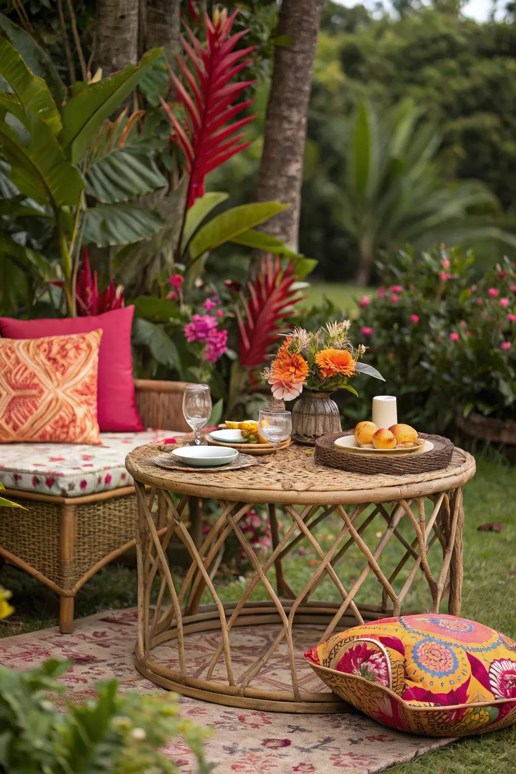 A rattan tabletop that brings tropical vibes to your outdoor oasis.