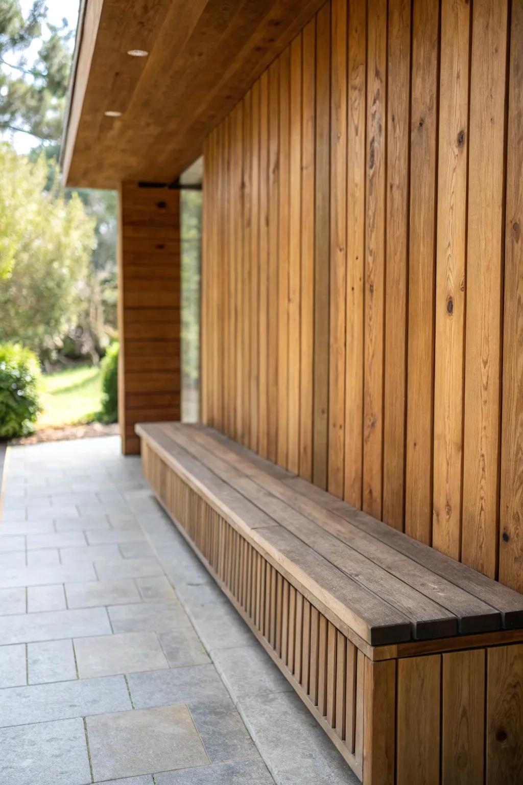 A wooden bench wall combines seating with style.