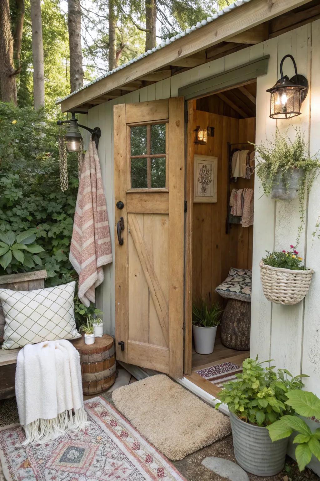 Textured fabrics add warmth and comfort to this outhouse bathroom.