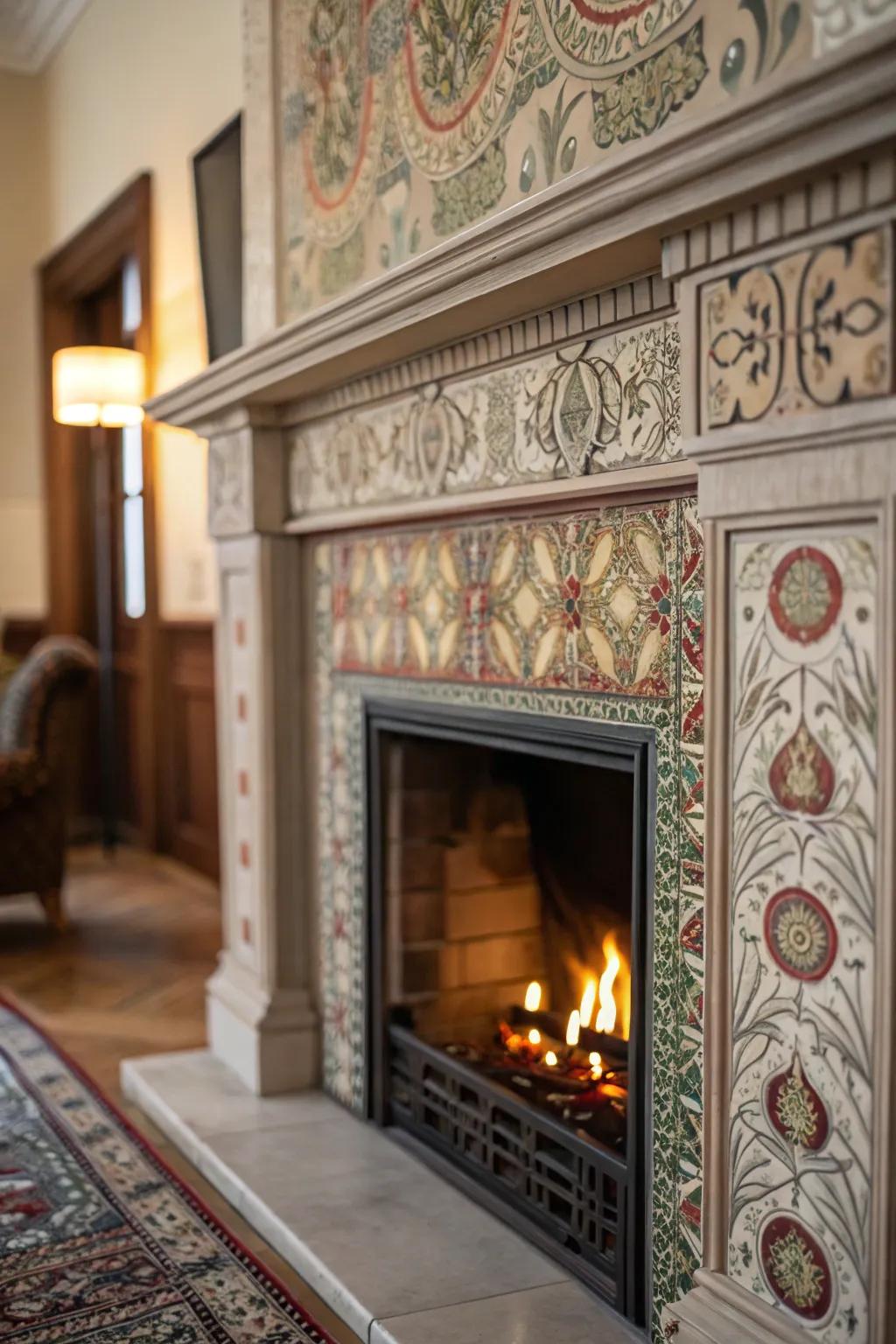 Decorative wallpaper adds a pop of pattern and color to your fireplace.