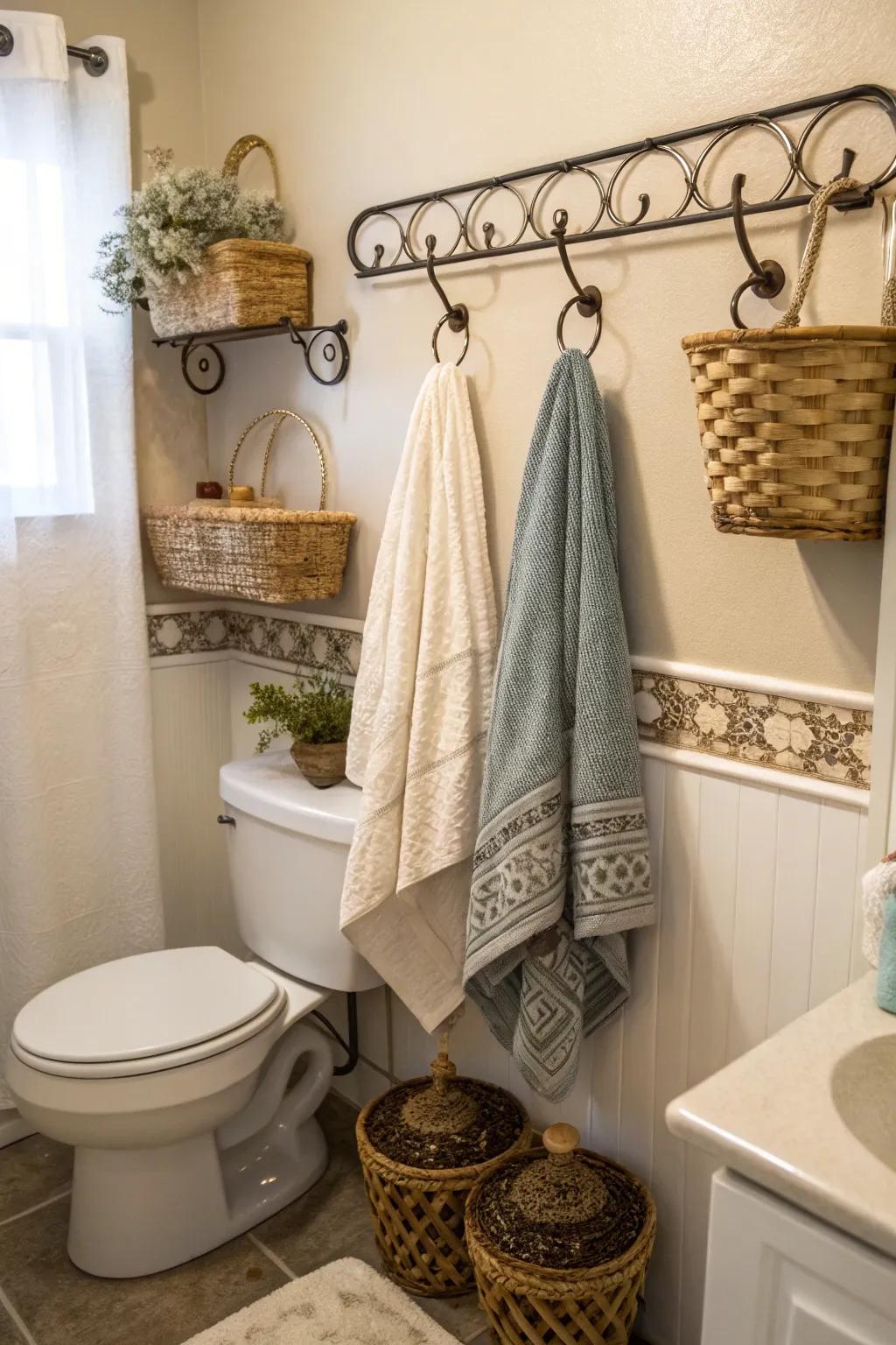 Decorative hooks add charm and functionality to bathroom storage.