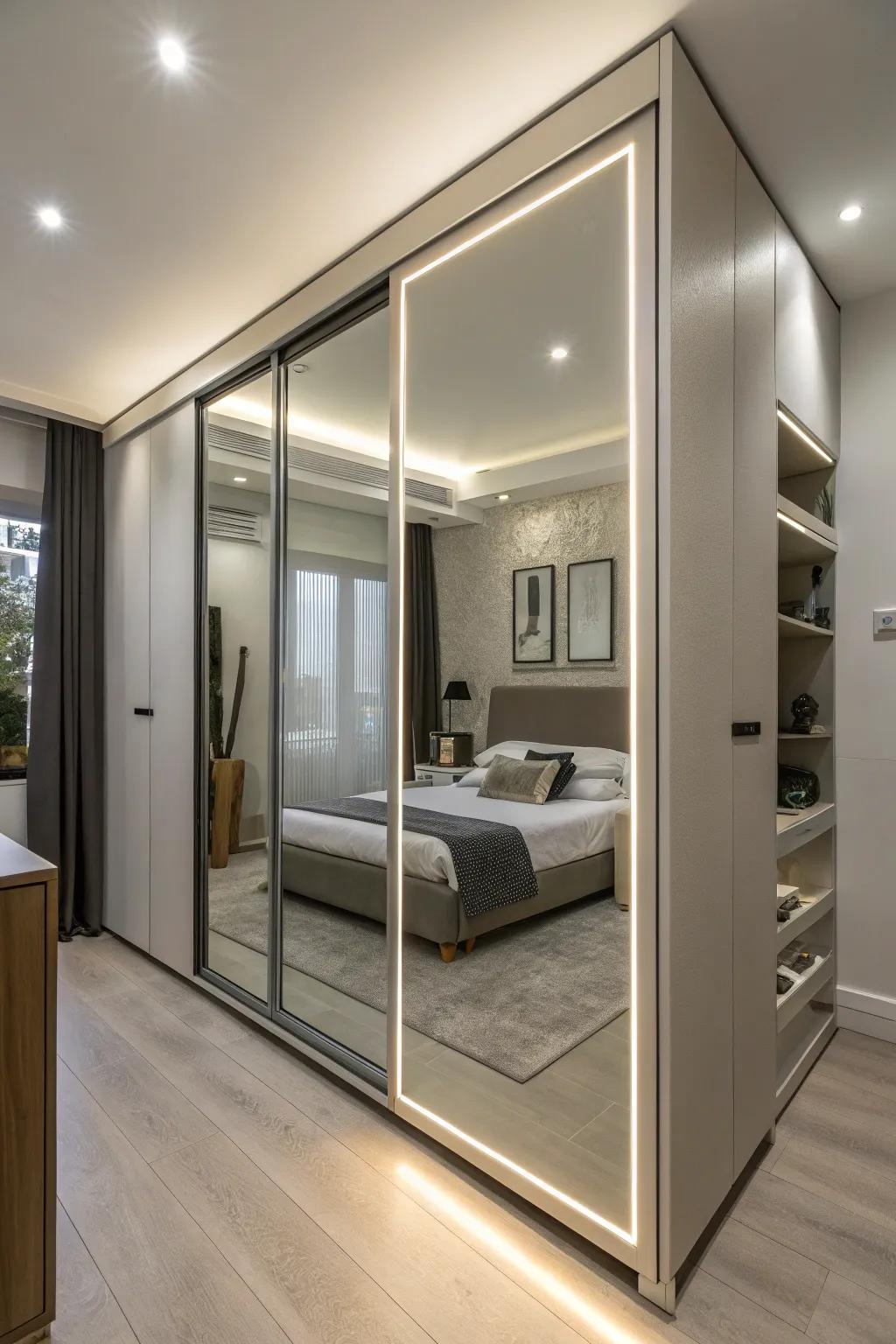 LED backlighting adds a modern touch to mirrored doors.