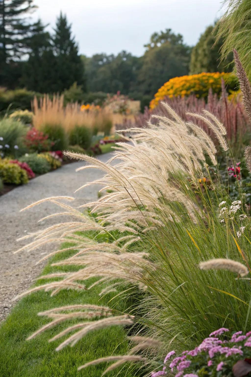 Ornamental grasses add movement and seasonal color to the garden.