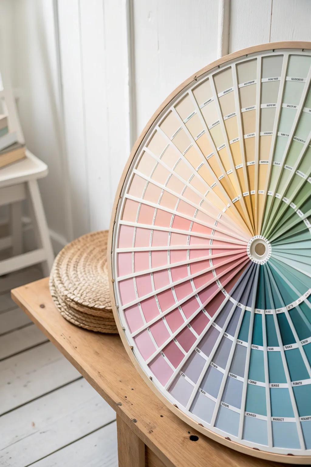 Explore the beauty of color theory with this stunning layered paint chip color wheel, perfect for adding a touch of minimalist elegance to any space.