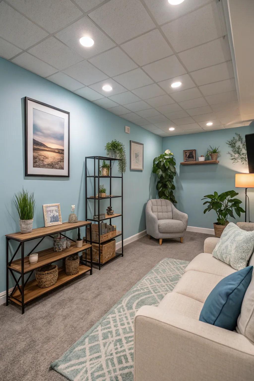 Pastel blue walls provide a serene and calming atmosphere perfect for relaxation.