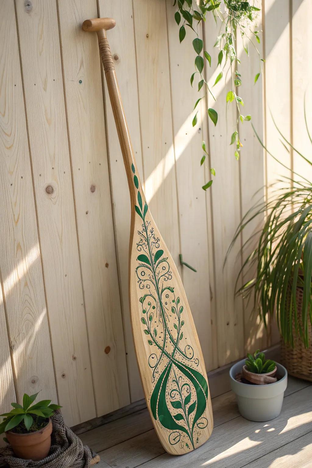 Make a subtle, eco-friendly statement with a beautifully painted paddle adorned with nature-inspired vine patterns.