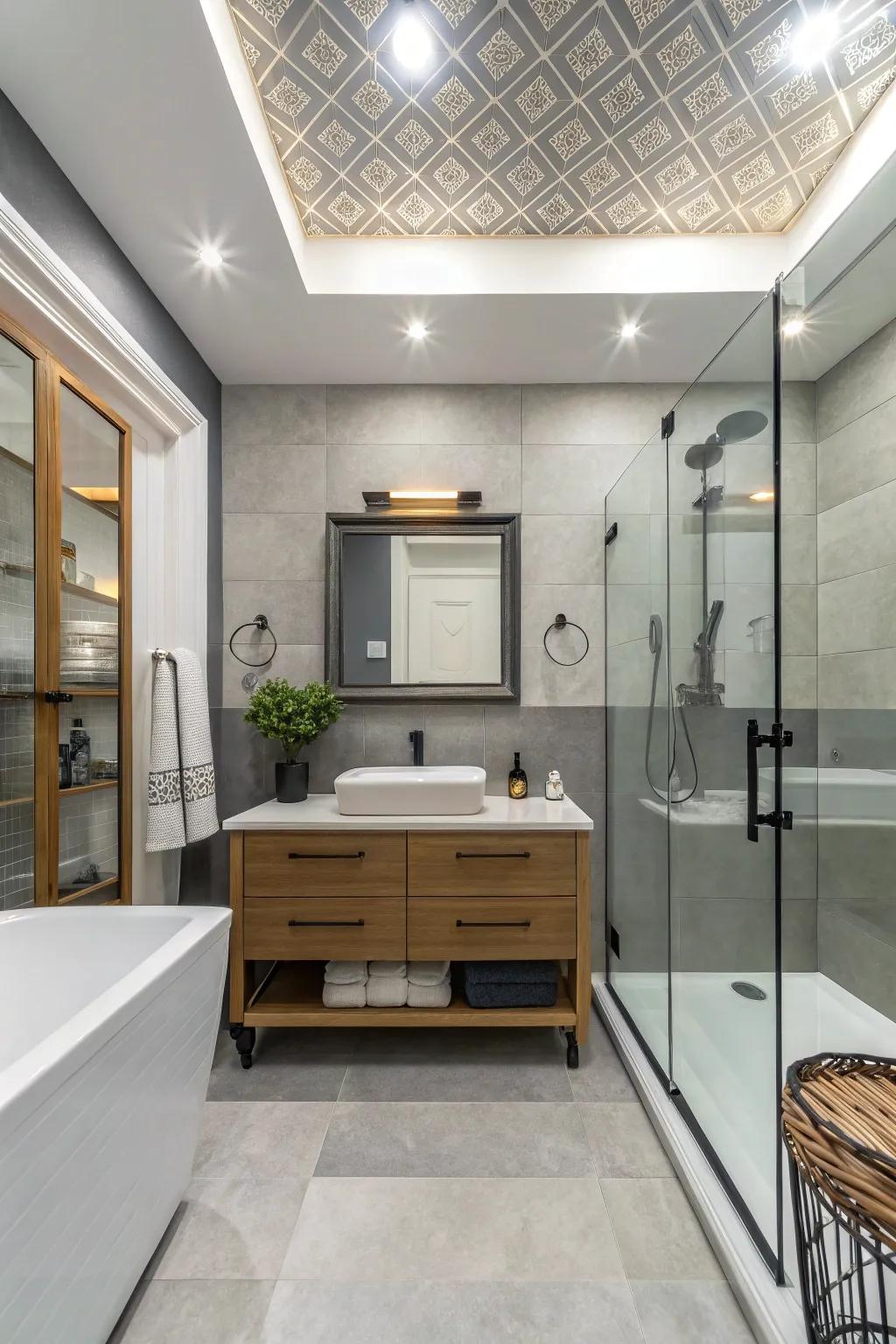 Two-tone ceilings can add depth and dimension to your bathroom.