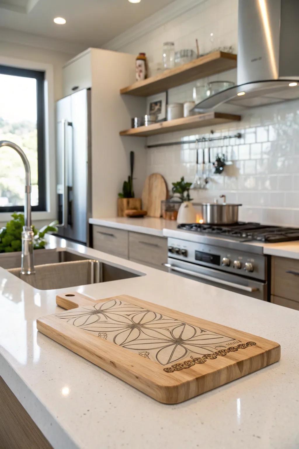 A minimalist cutting board with simple lines and a monochromatic palette.