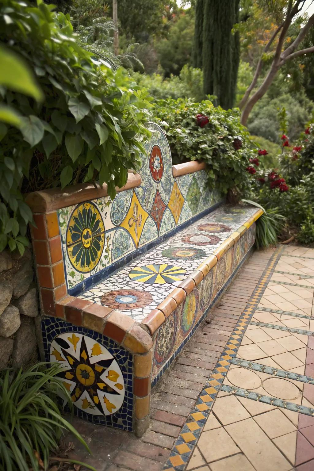 Transform your garden with a stunning mosaic bench—a perfect blend of color and craftsmanship.