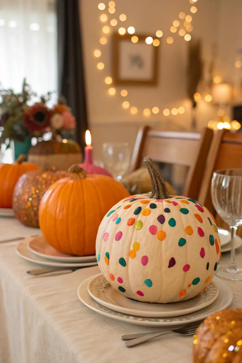 Confetti pumpkins add a celebratory and cheerful vibe.