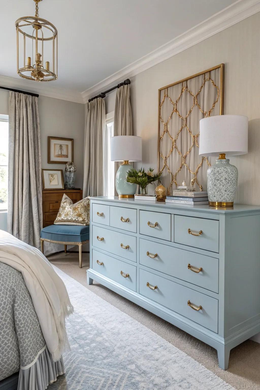 A dresser with brass hardware that stands out.