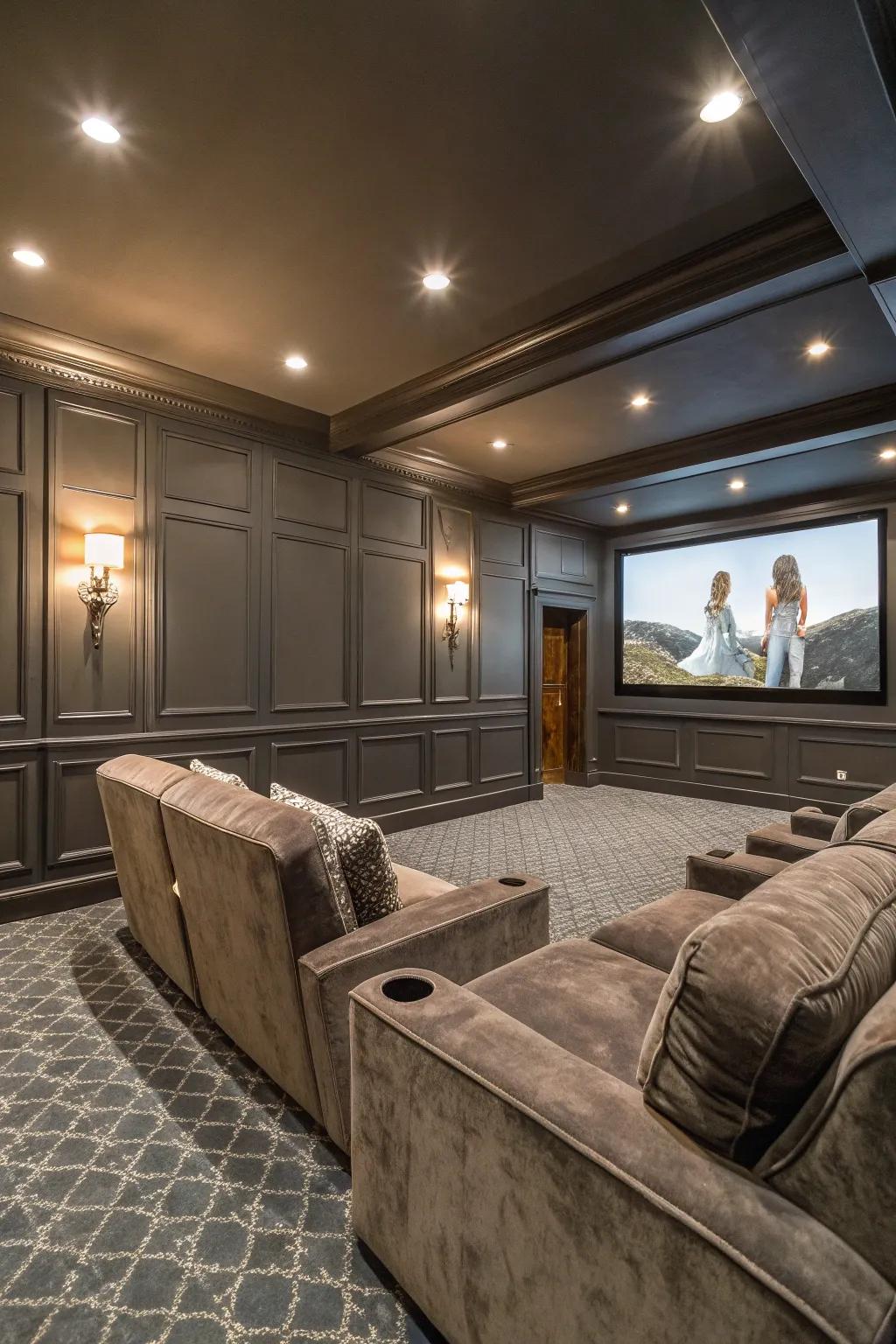 Charcoal paneling sets the stage for a cozy, intimate media room.