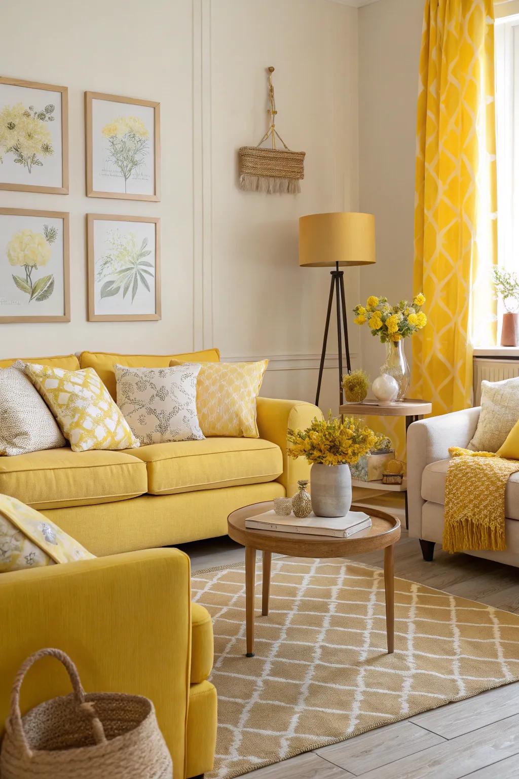 Layered shades of yellow bring depth and richness to the living room.