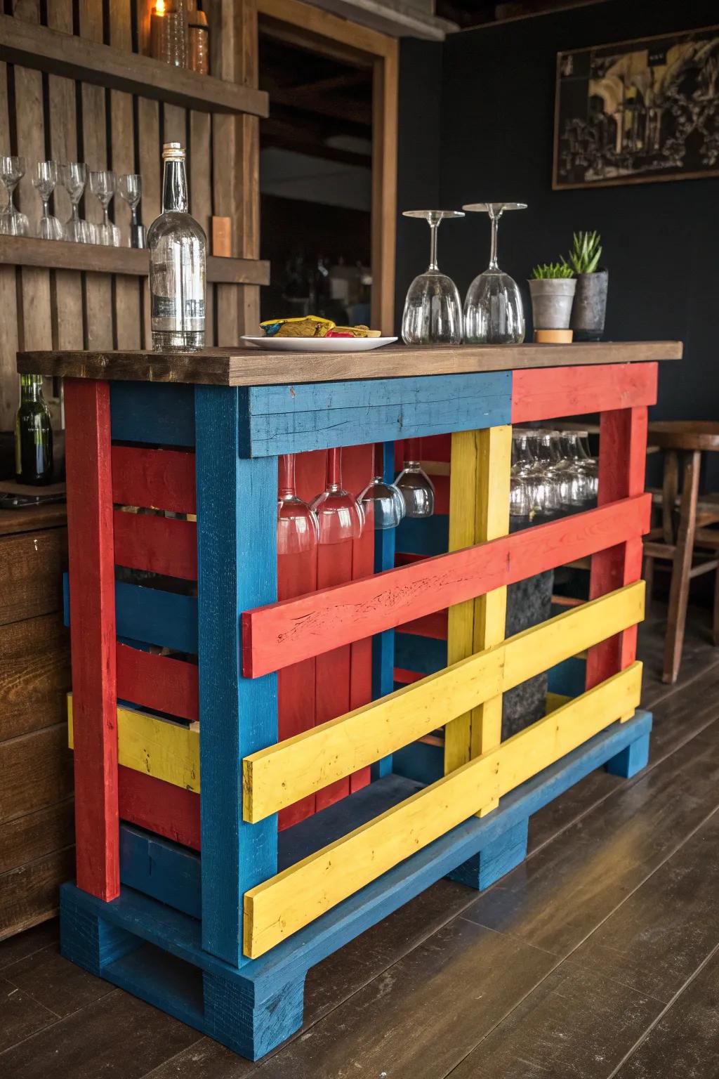 Transform your space with a vibrant, handcrafted pallet bar that blends artistry with rustic charm.