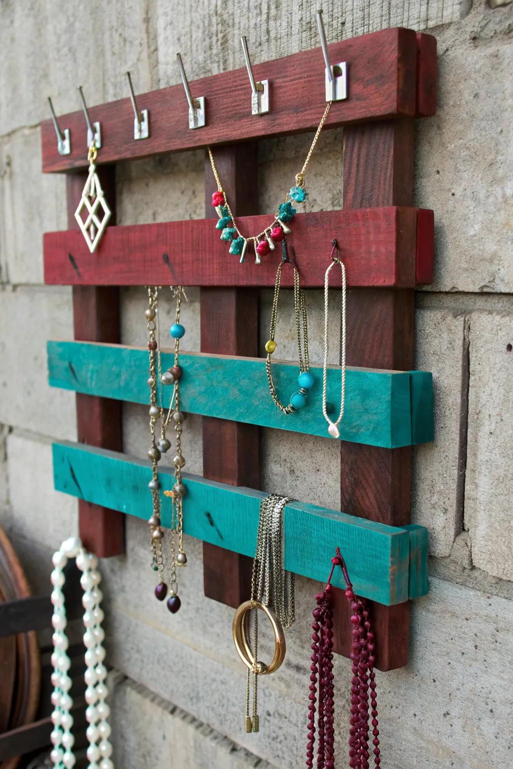 Elevate your accessory game with a handcrafted pallet jewelry organizer that marries style with function.