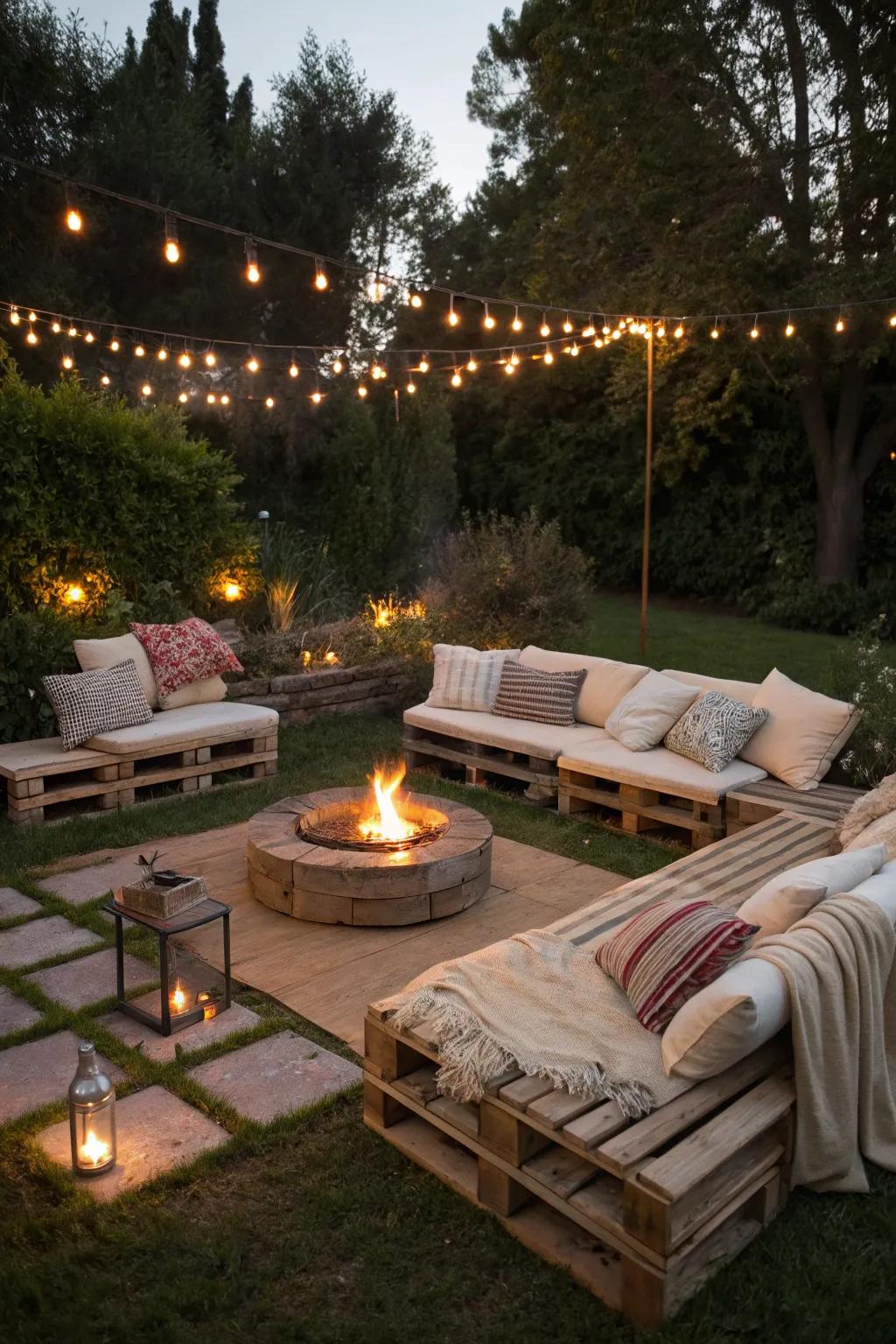 Versatile pallet benches for outdoor gatherings.