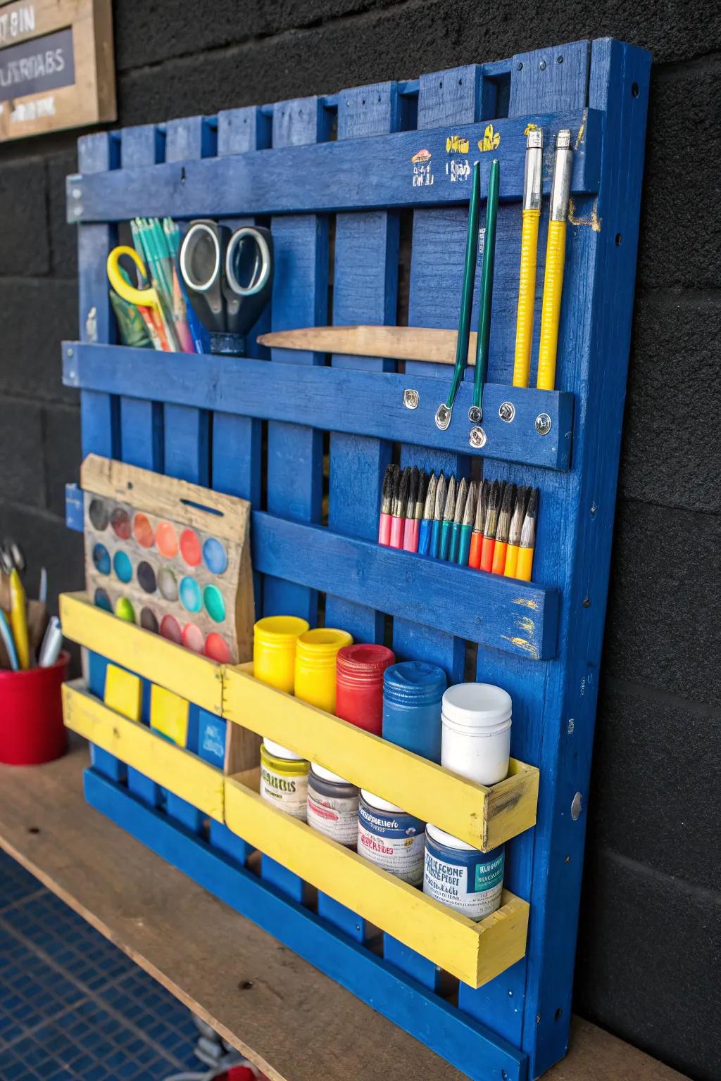 Transform your creative space with a striking pallet art supply station, where organization meets artistry.