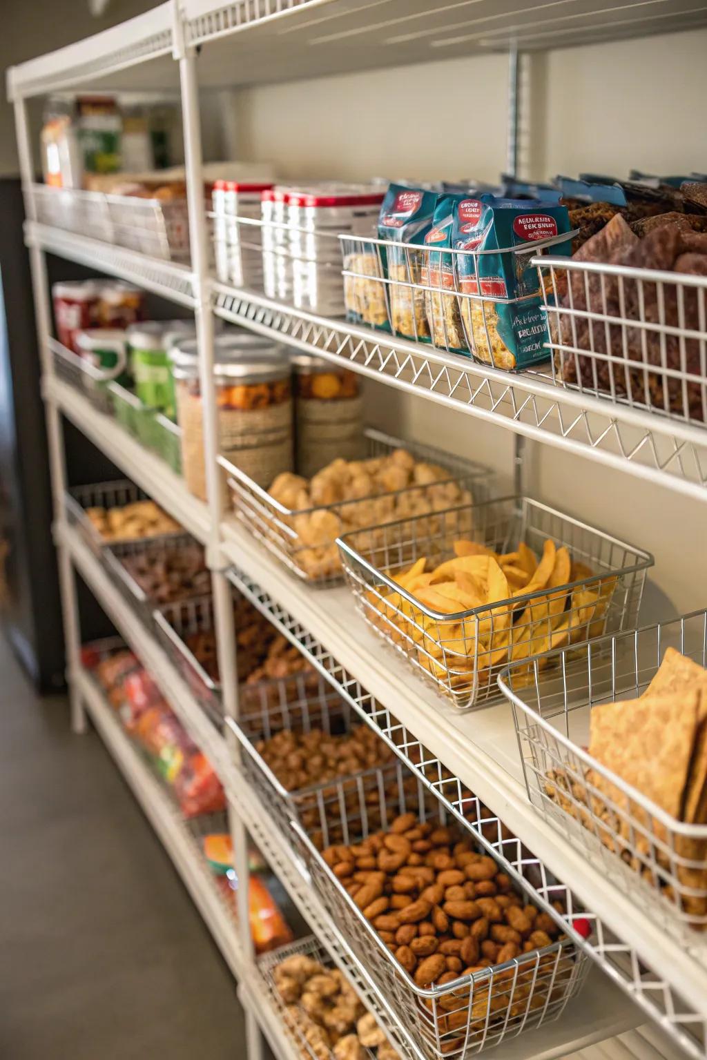 Wire baskets group similar items together in an organized way.