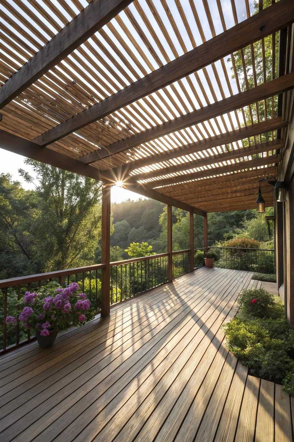 A serene deck with a wooden slat roof, offering gentle light and a tranquil vibe.