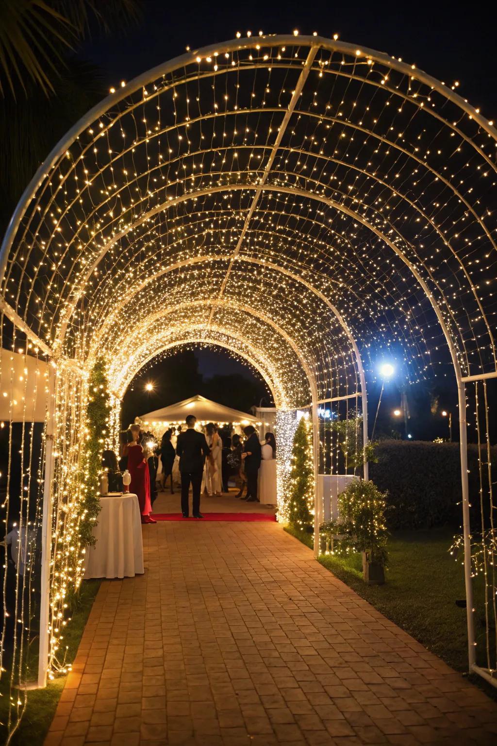 A fairy light canopy adds a whimsical touch to your entrance.