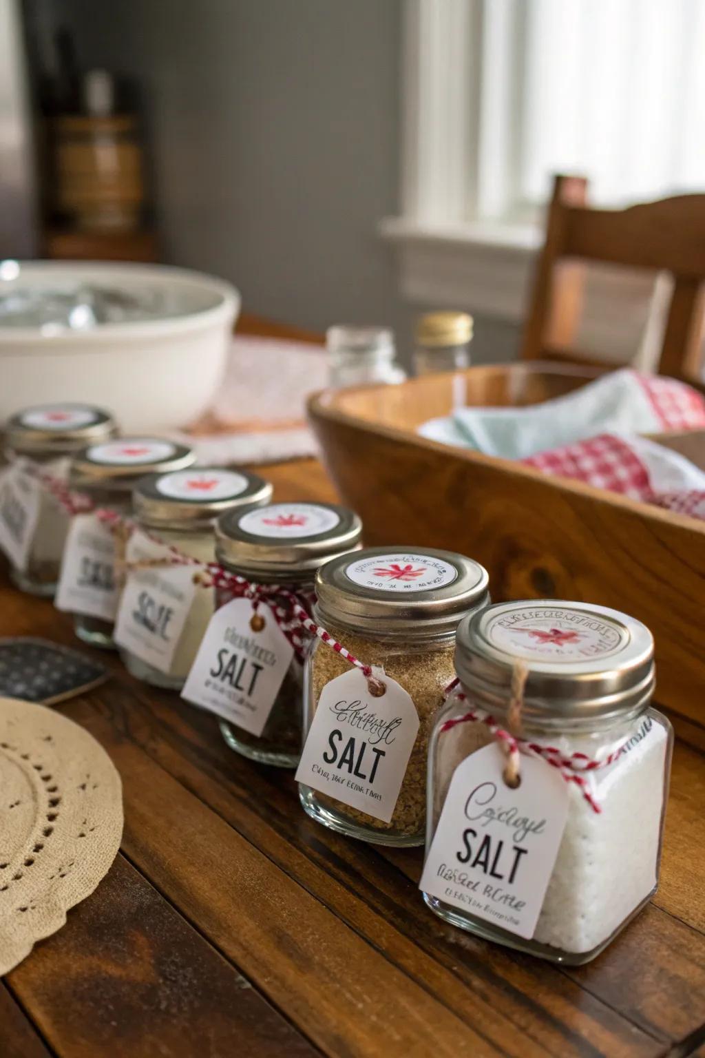 Gourmet salt in jars is a savory and elegant party favor.