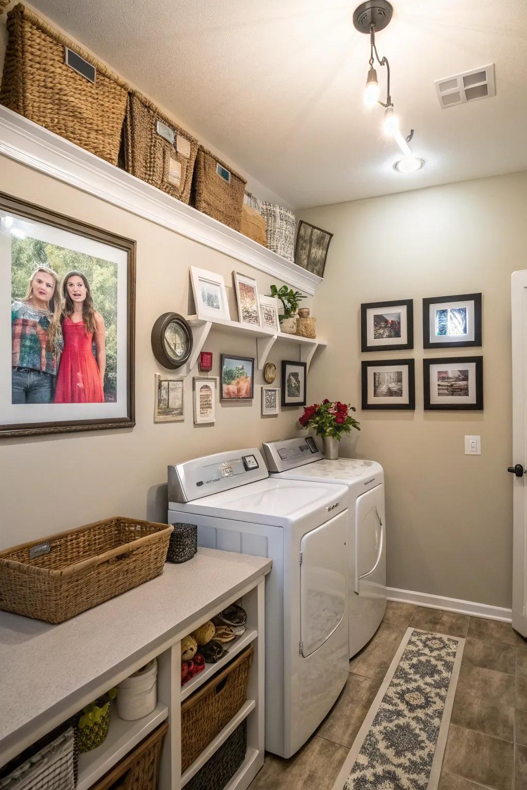 Personal touches like artwork make the laundry room feel more inviting.