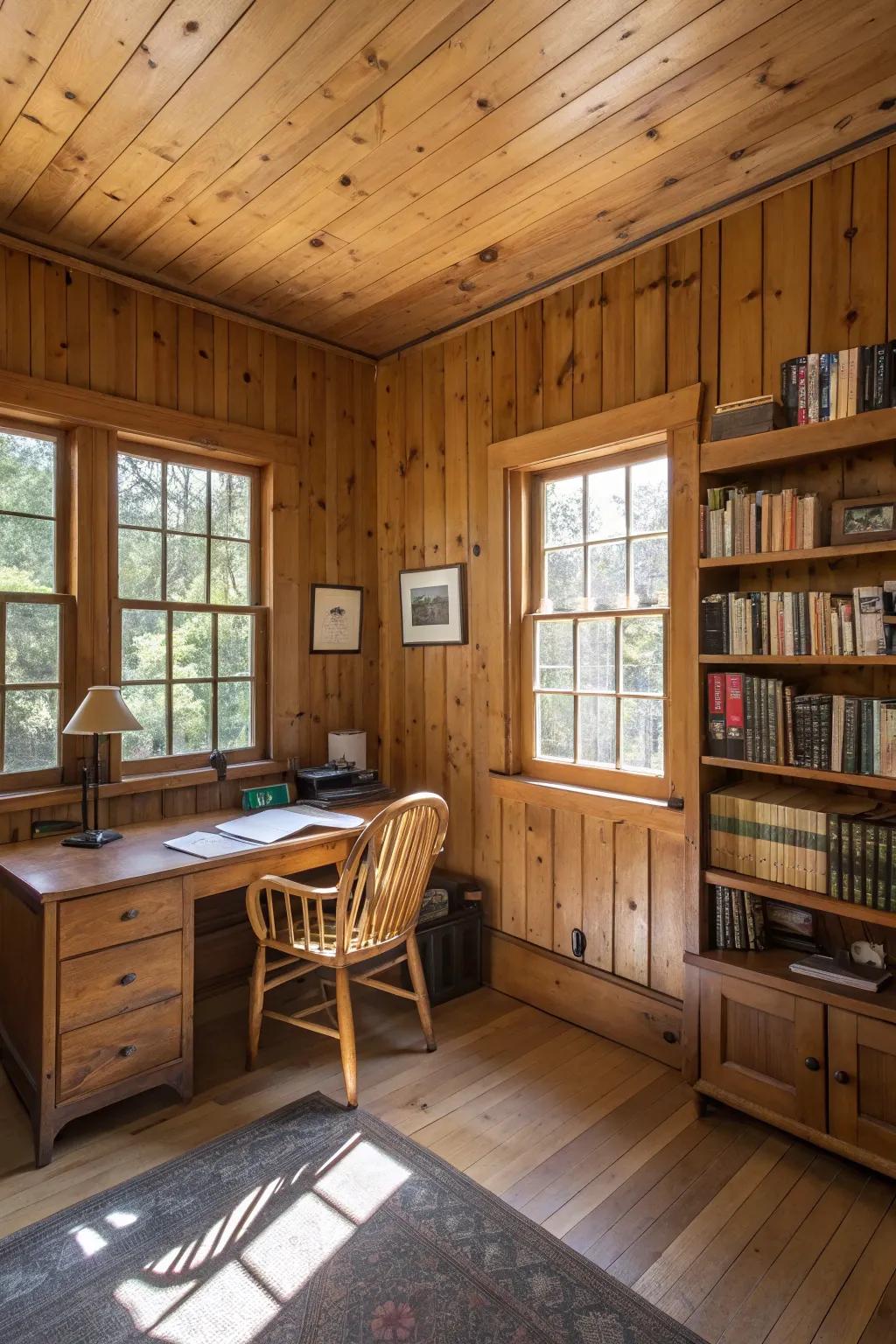 Wooden paneling adds rustic charm to your office walls.