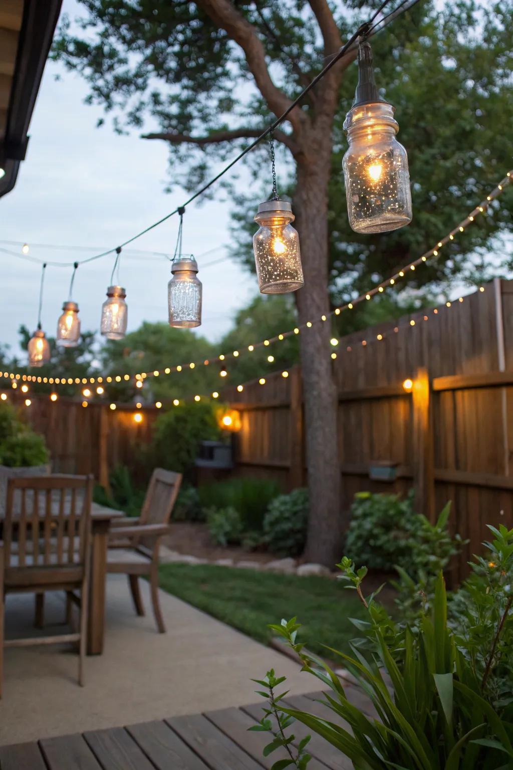 String lights in mason jars for a rustic, charming touch.