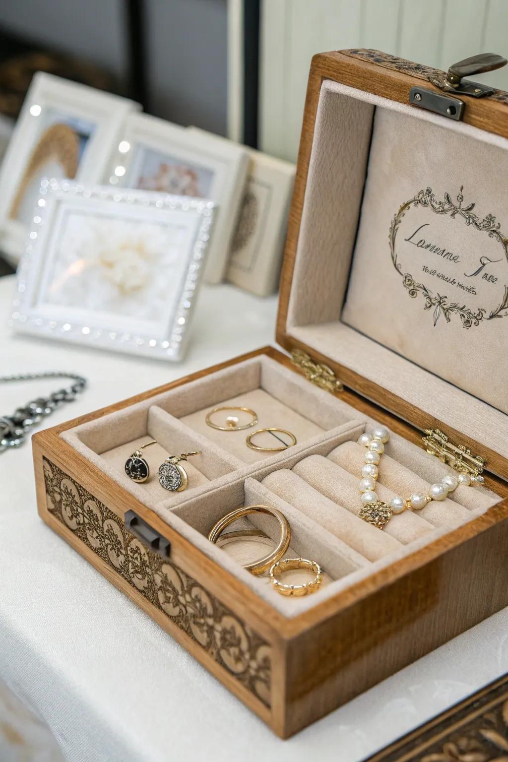 A custom jewelry box keeps her precious pieces safe and stylish.