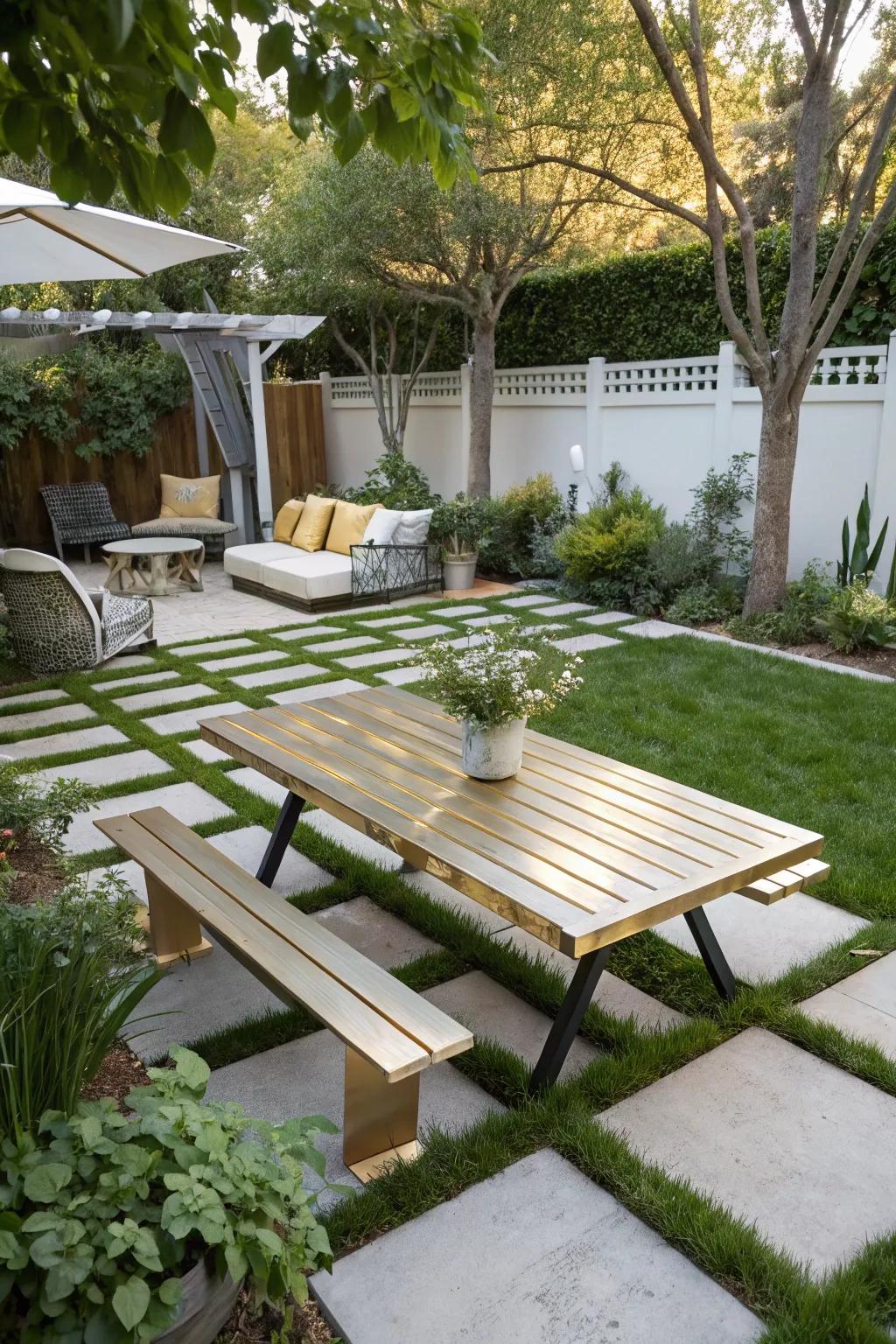 Metallic accents add a touch of luxury and sophistication to the picnic table.