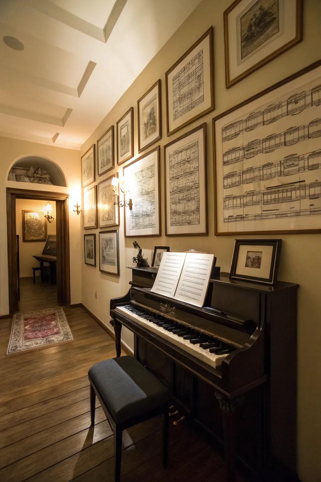 A piano room enhanced by framed sheet music for a musical atmosphere.