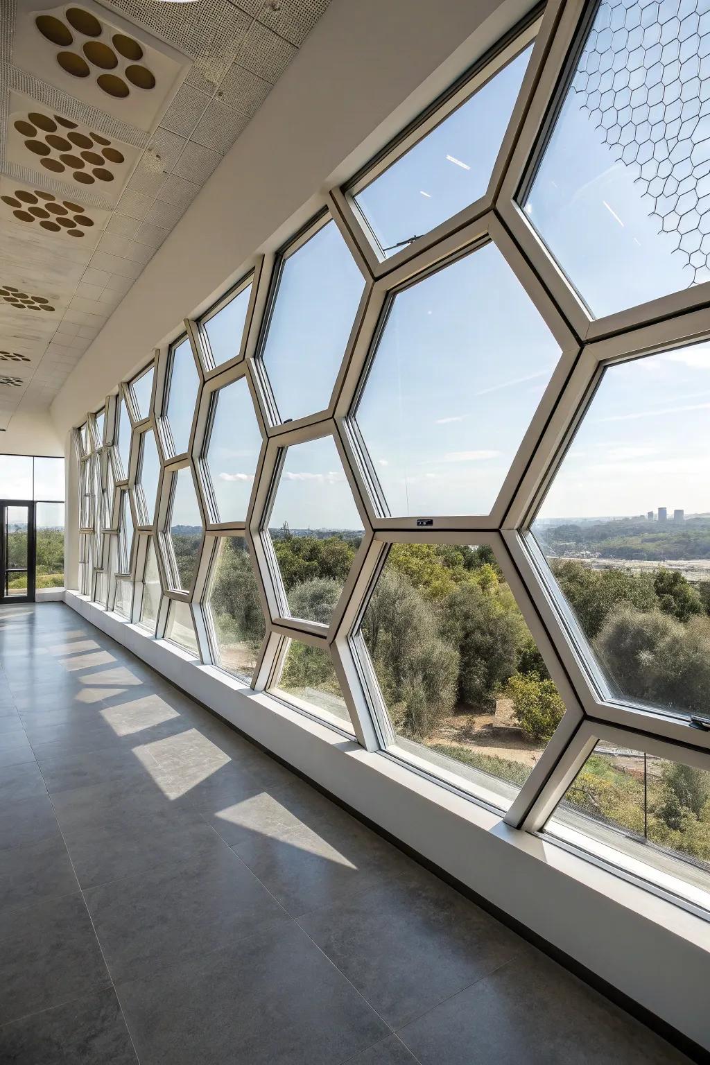 Modern space featuring unique hexagonal picture windows.