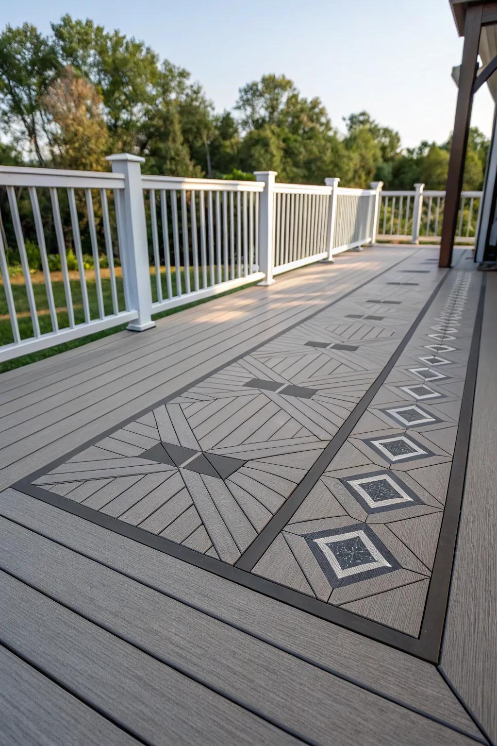 A striking geometric inlay adds artistic flair to this composite deck.