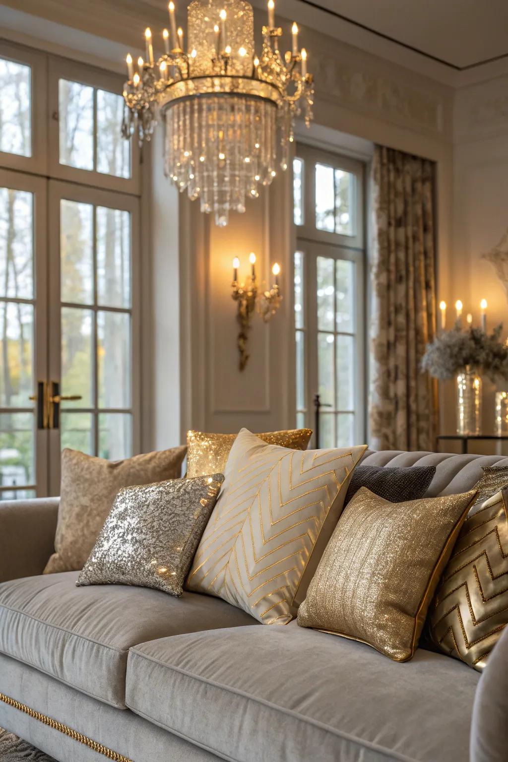 Add elegance with metallic-accented pillows.