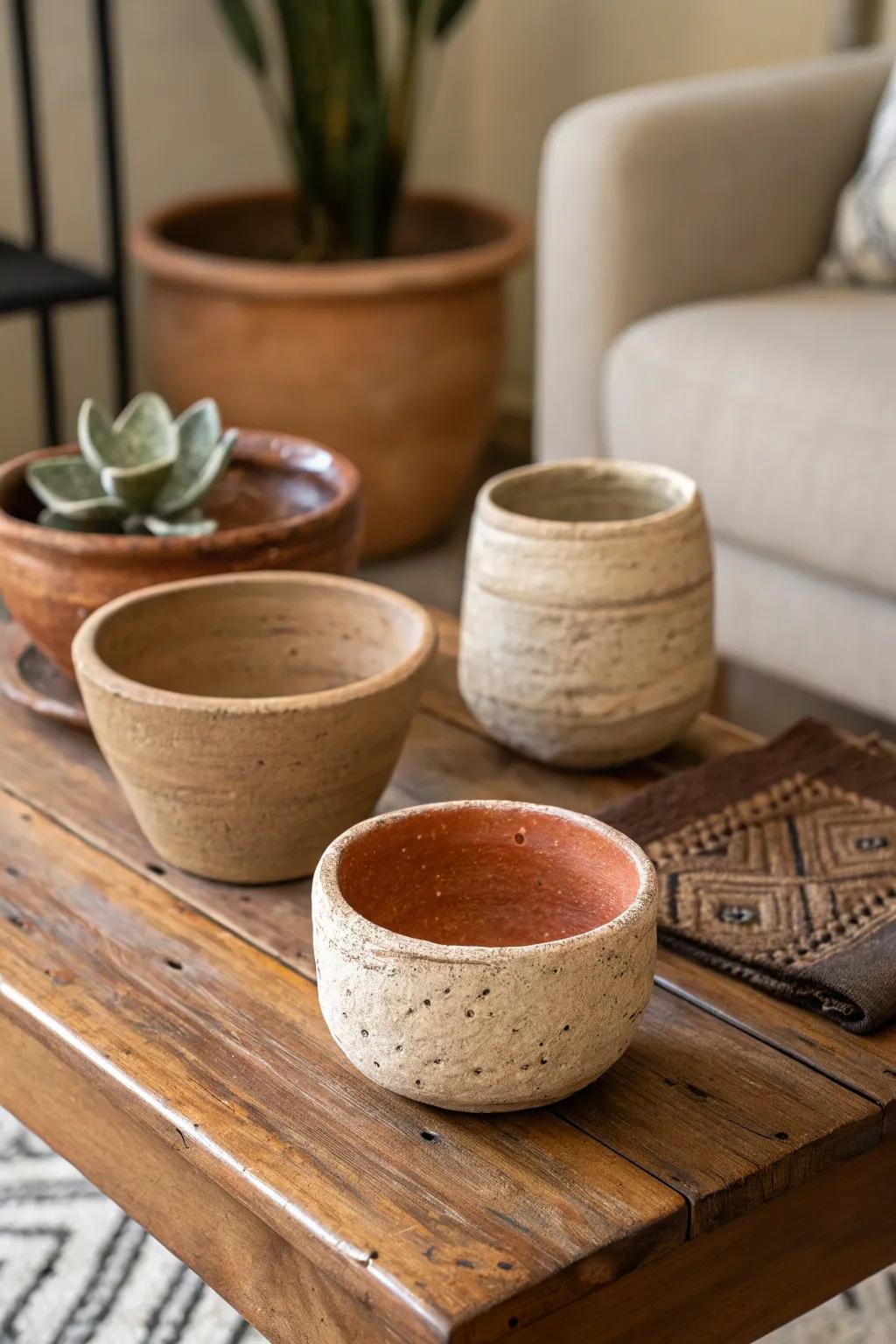 Rustic charm pinch pots for a cozy atmosphere.