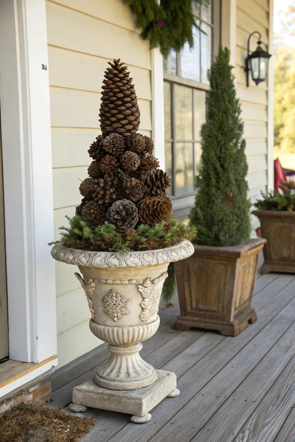 Make a grand statement with a pine cone topiary.