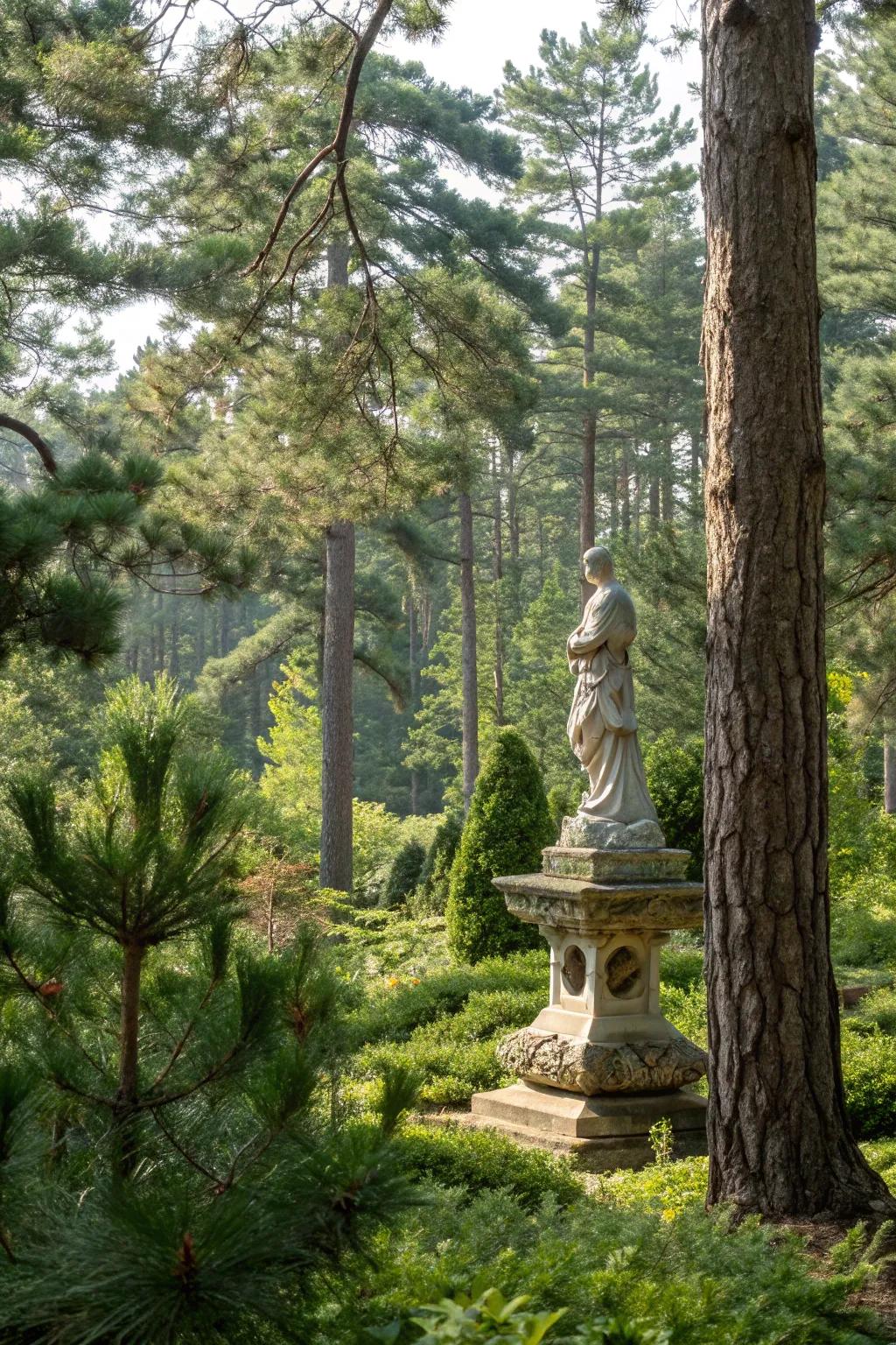 A garden sculpture adds an artistic touch to the natural setting.