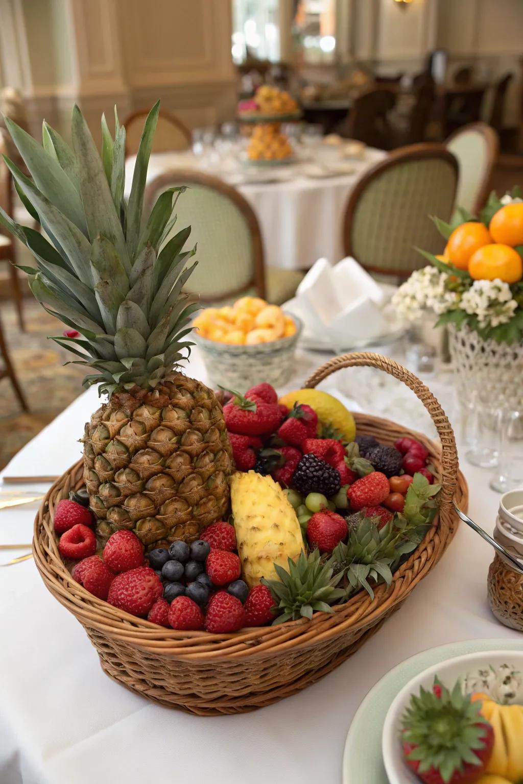 A pineapple and berry basket makes for a colorful and tasty centerpiece.