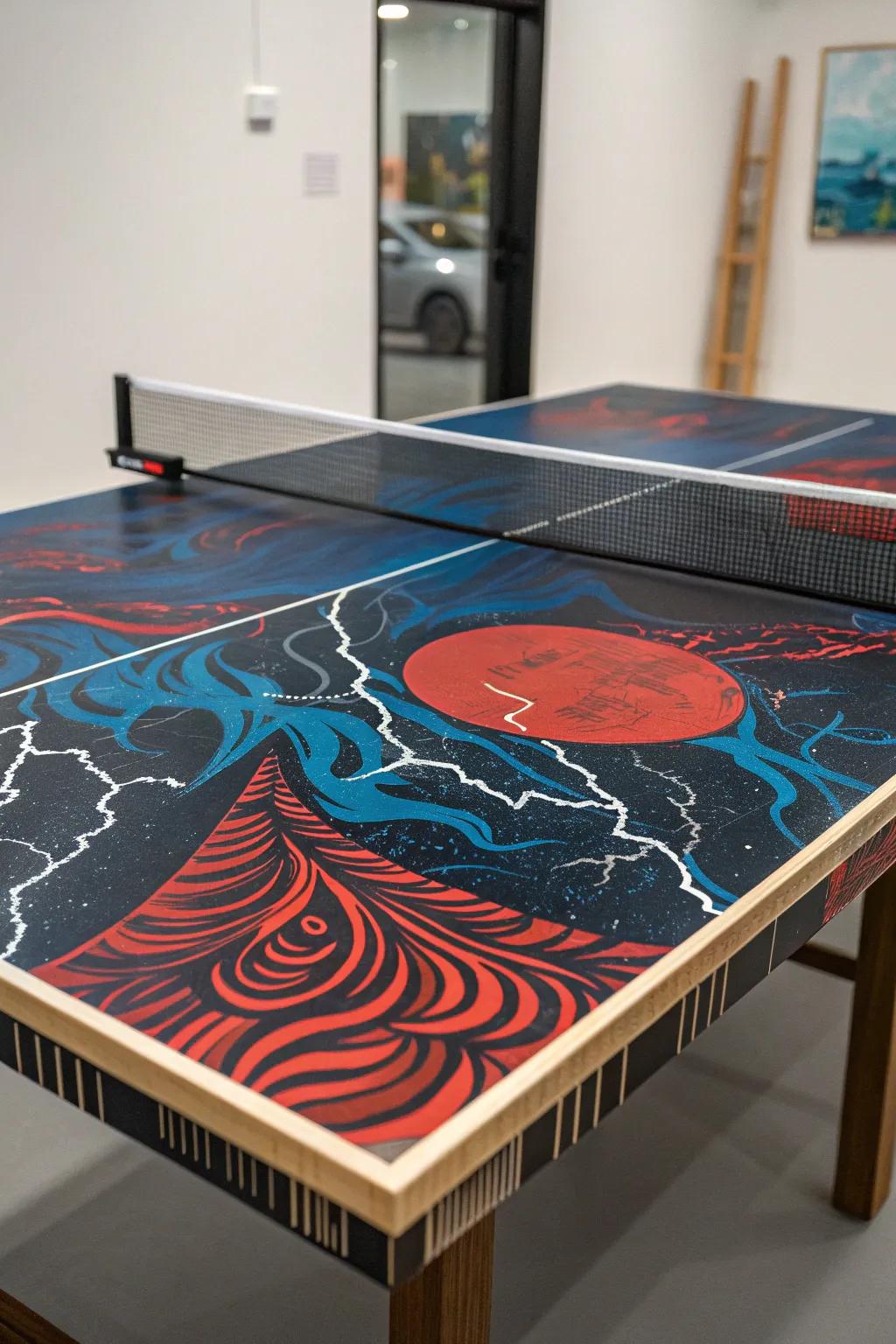 Transform your game room with this stunning handcrafted ping pong table, where art meets play in bold, vibrant colors.