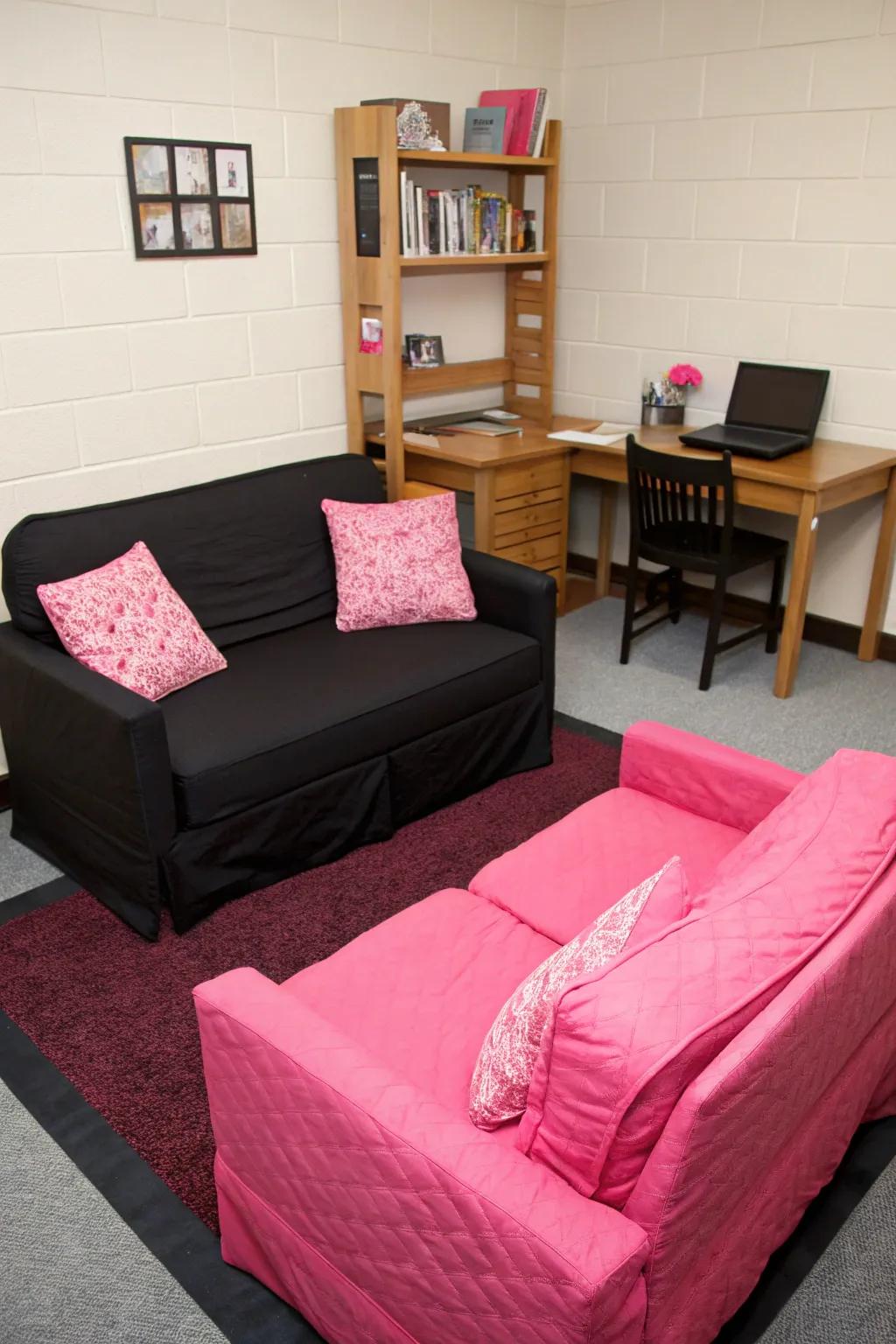 Cozy black furniture with pink cushions for a stylish touch.