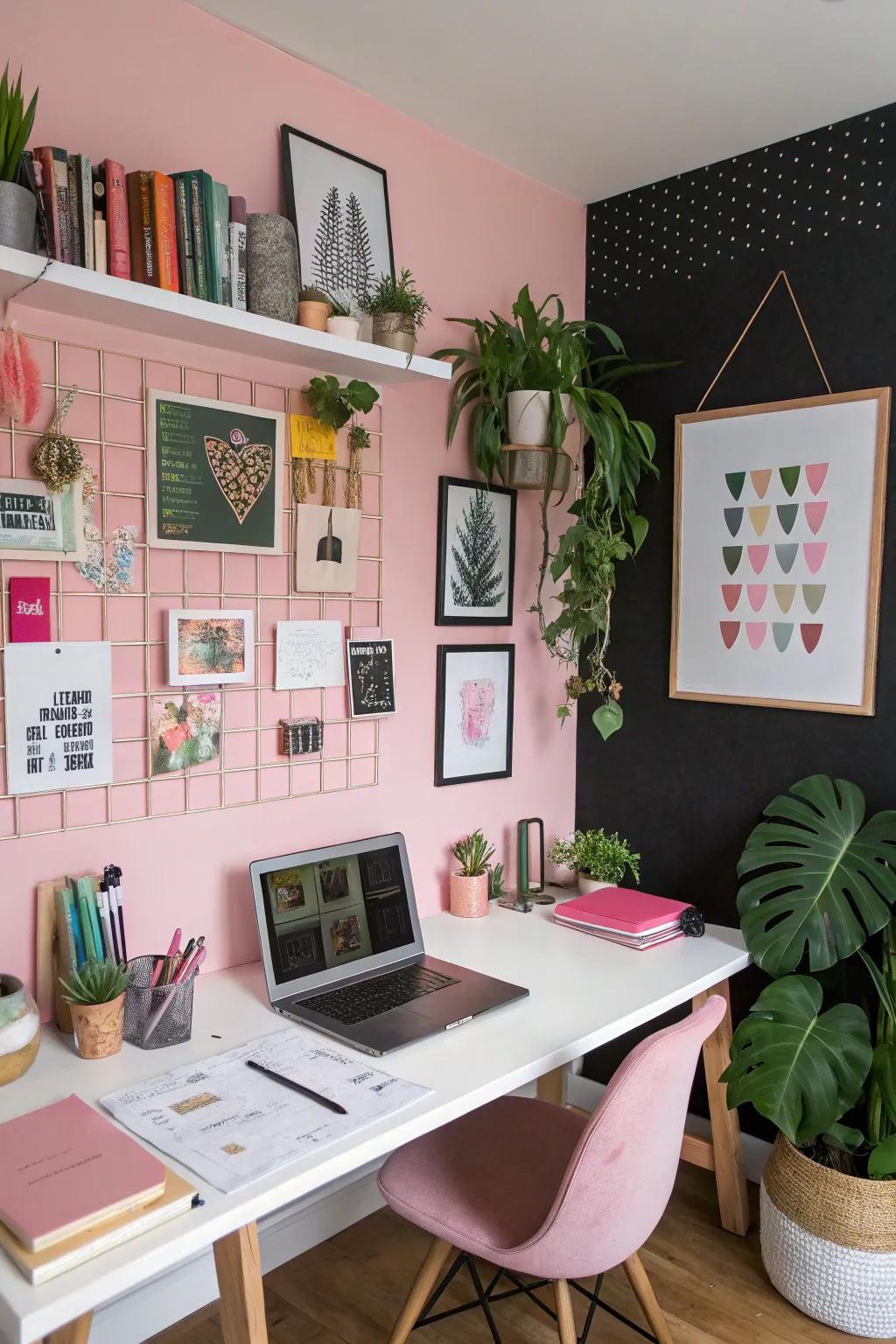 A pink and black gallery wall adds a personal and artistic touch to this office.