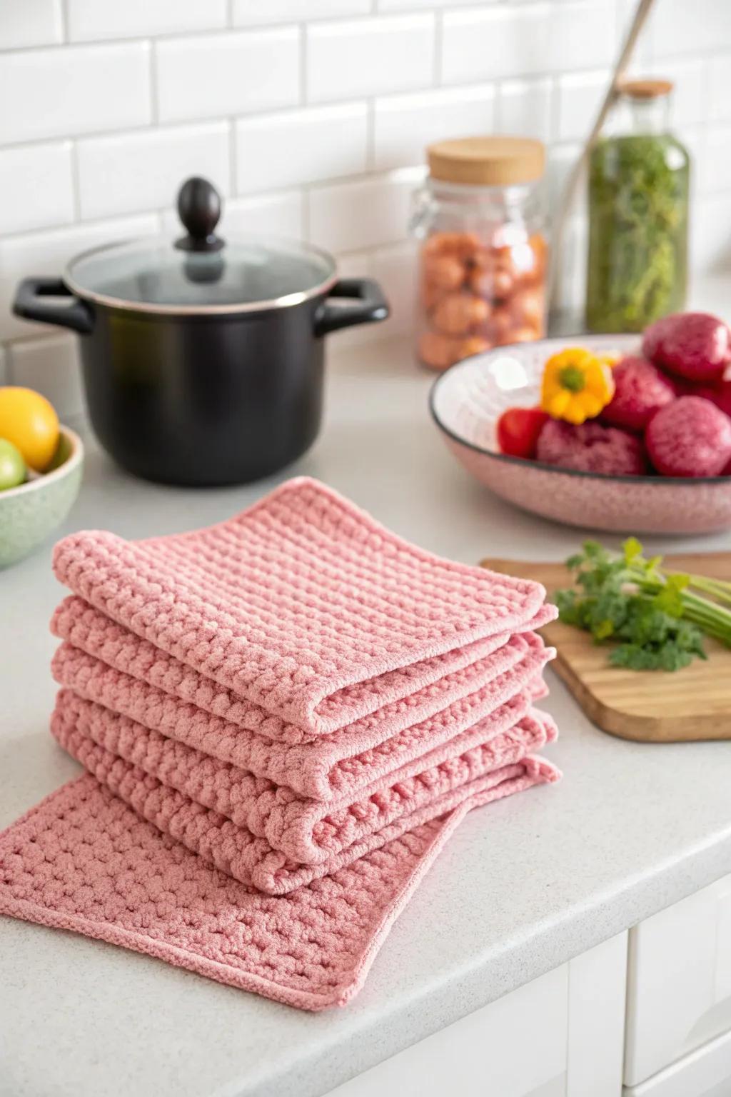 Bring a splash of color to your kitchen with pink crochet accessories.