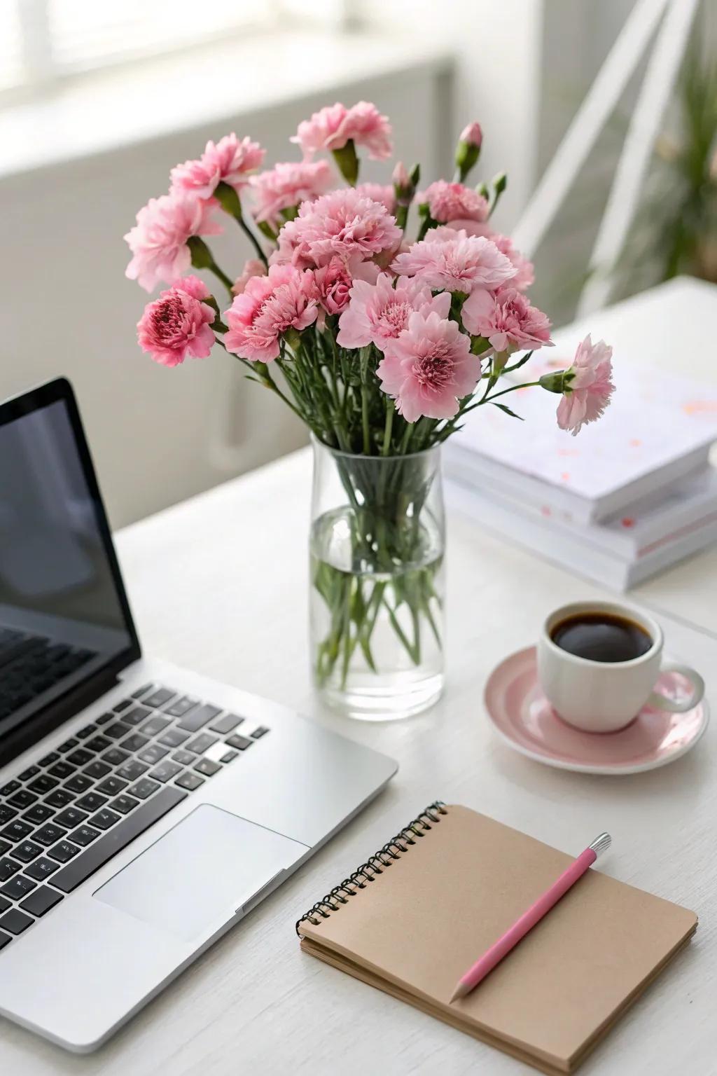 Pink flowers bring life and color to your office decor.