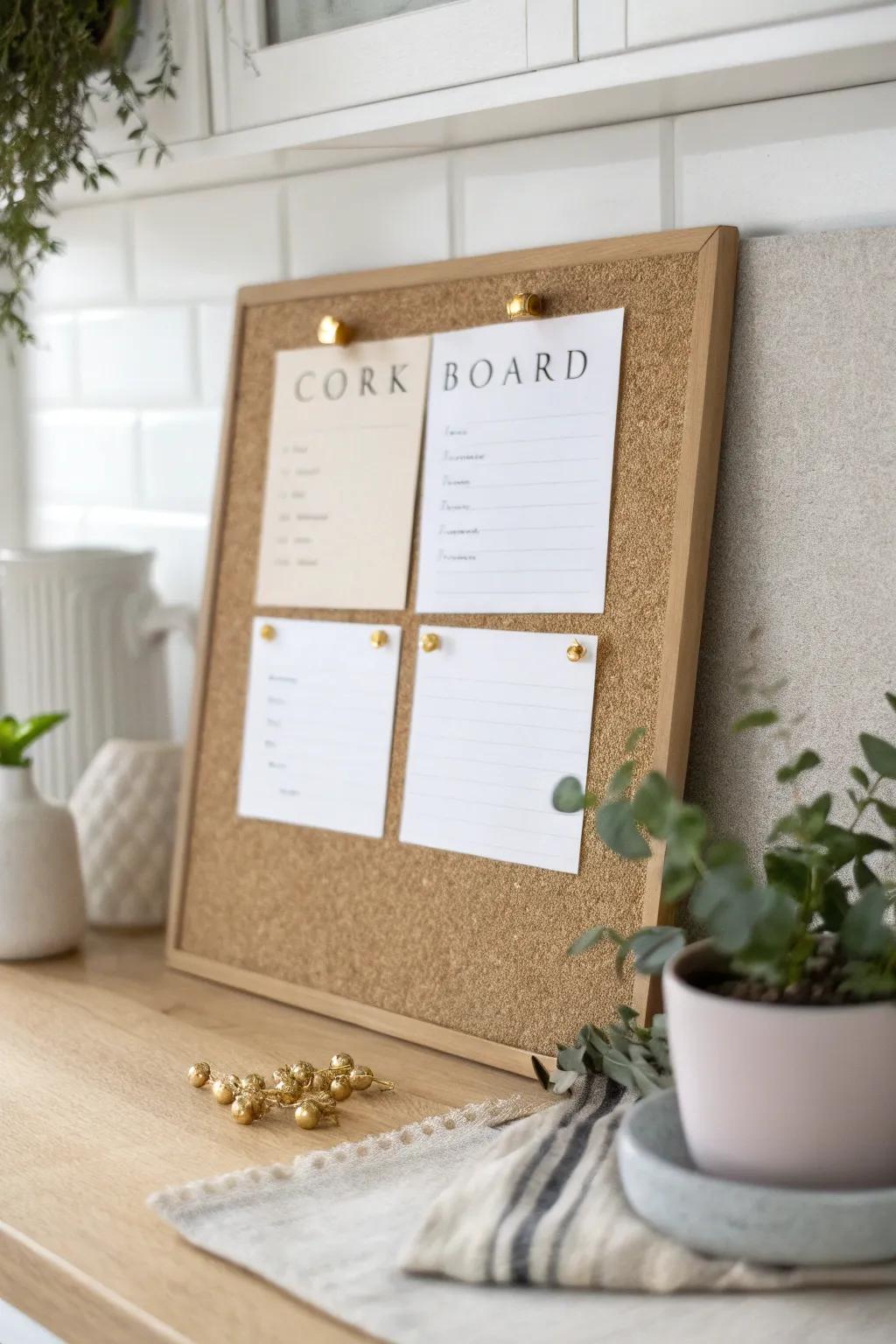 Elevate your kitchen with a chic cork board recipe keeper that combines style and simplicity.