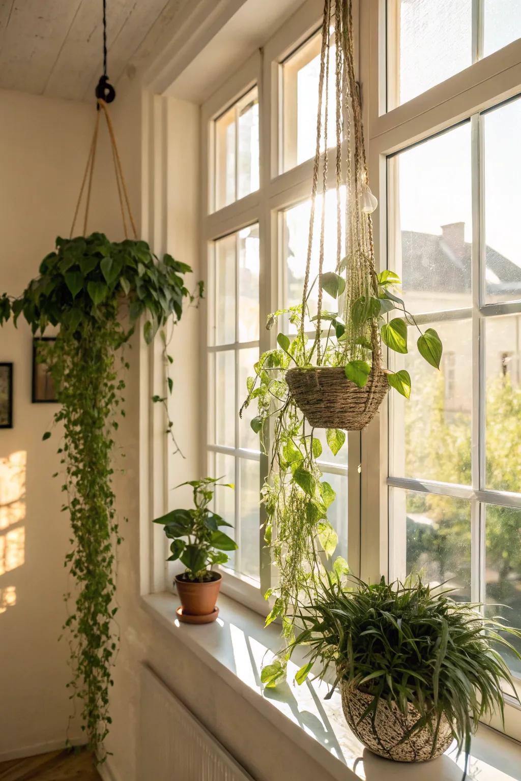 Layered plant hangings in a sunlit window.