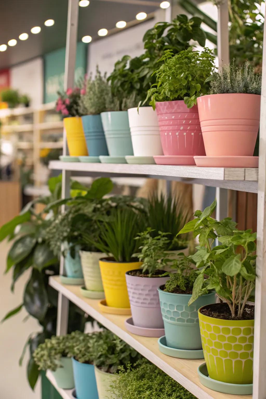 A themed plant shelf with color-coordinated pots for a cohesive design.