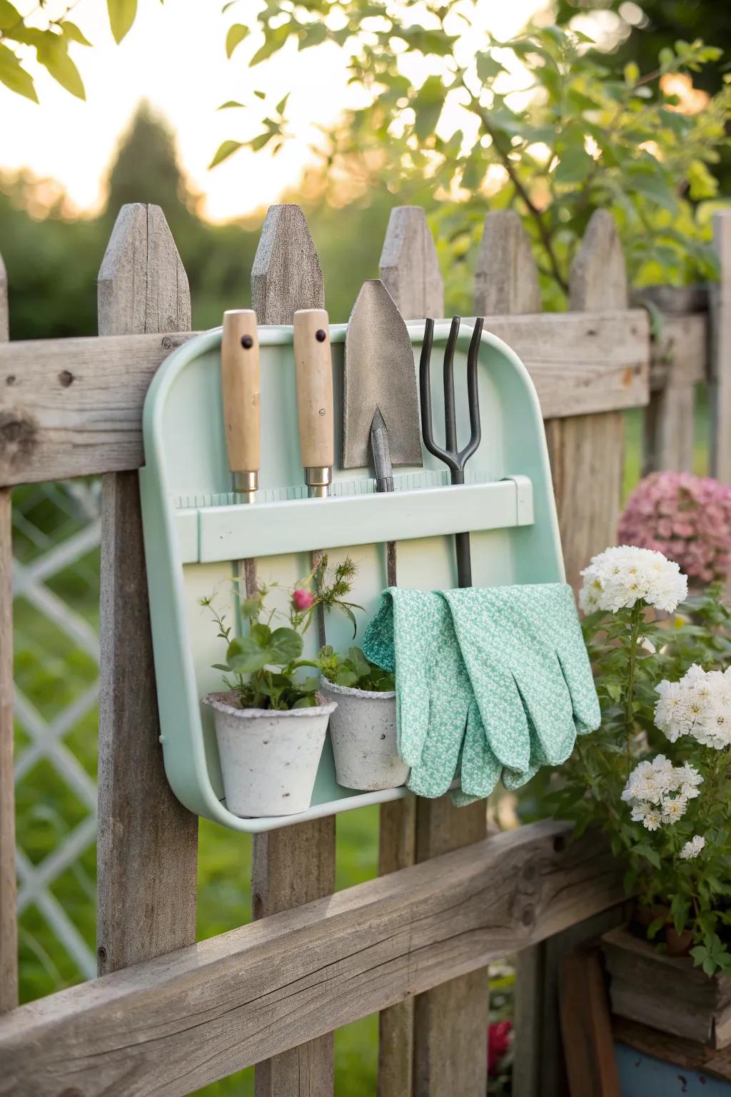 Transform your garden with minimalist charm – a repurposed bread tray keeps tools stylishly organized!