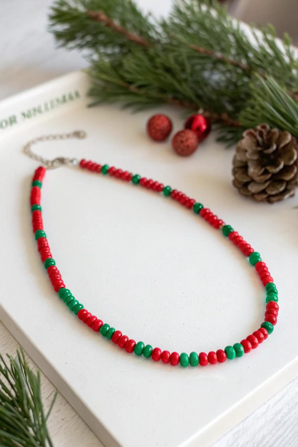 Embrace the holiday spirit with minimalist charm - a handcrafted pony bead necklace in festive hues.